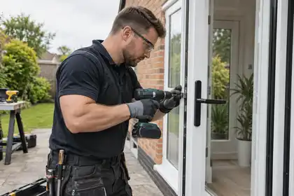 Illustrative Secondary Glazing for Schools scene: Professional window fitter at work.