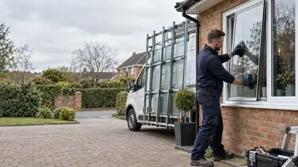 Illustrative Secondary Glazing Repairs scene: British glazier fitting a new window.