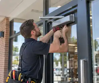 Illustrative Security Door Closers scene: Technician fitting a storefront door closer.