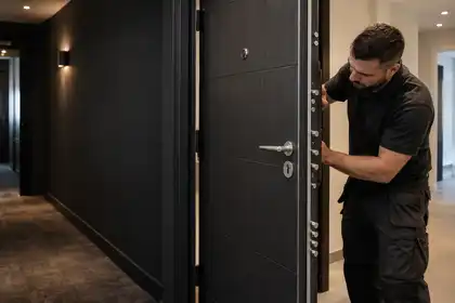 Illustrative Security Door Replacement scene: Installer fitting a high security apartment door.