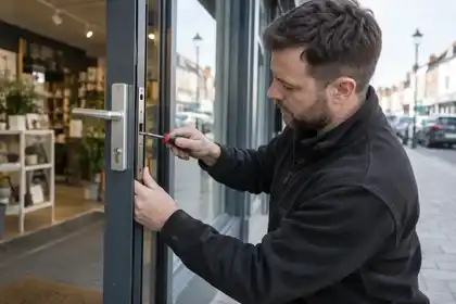 Technician fitting replacement lock to open aluminium shop door.
