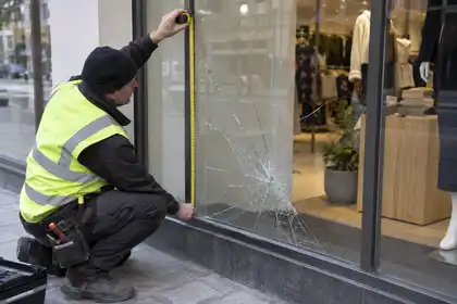Illustrative Shopfront Solar Window Film scene: Glazier Measuring Cracked Shopfront Glass.png.