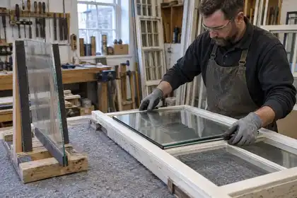 Glazier upgrading a timber sash from single to double glazing