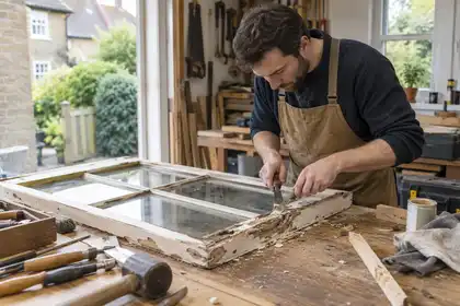 Illustrative Slimline Secondary Glazing scene: Carpenter repairing a damaged timber window frame.