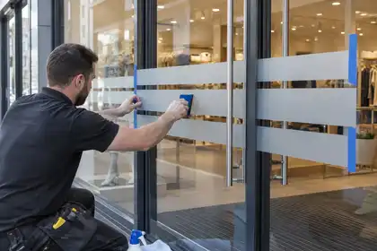 Illustrative Solar Window Film Replacement scene: Frosted manifestation bands on shopfront glass.png.