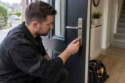 New thumbturn euro cylinder being fitted to an open front door.