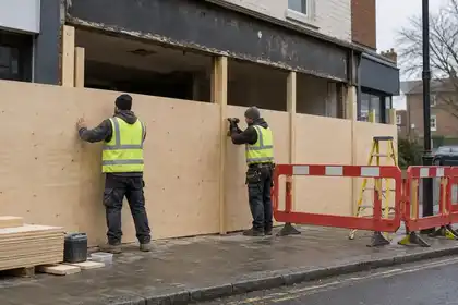 Carpenters installing timber hoarding at a vacant commercial frontage