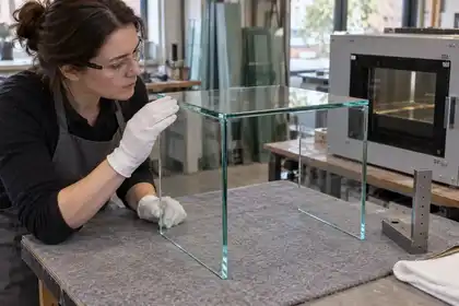 Craftswoman inspecting a bonded joint on a clear glass side table