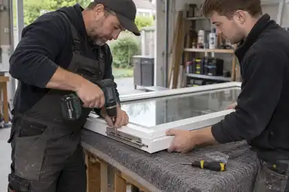 Tradespeople replacing a hinge on a supported casement sash