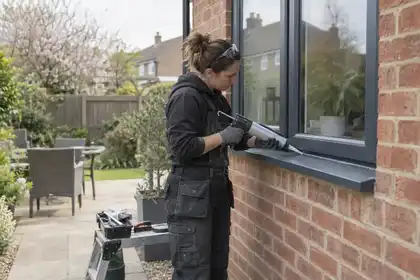 Glazier renewing the exterior seal at a casement window sill