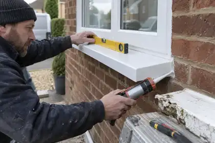 Window sill replacement — Window fitter levelling a new projecting white exterior sill and sealing the brick junction, with a removed damaged sill section nearby.