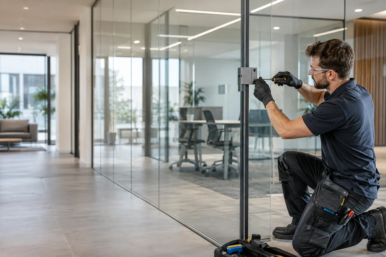 Illustrative Office Glazing scene: Glazier repairs a glass office partition.