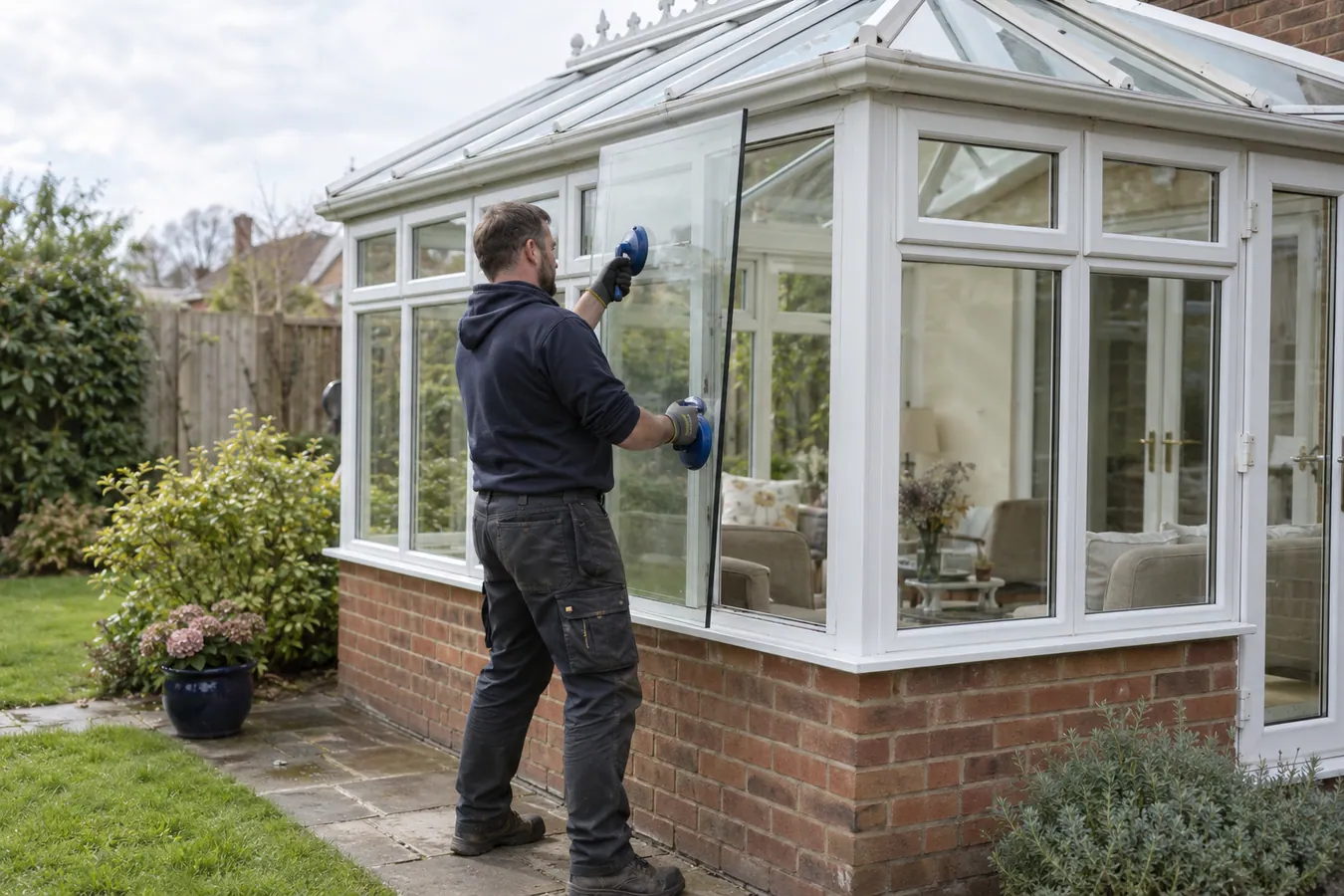 Illustrative Safety Film for Conservatories scene: Glazier replacing conservatory side panel.