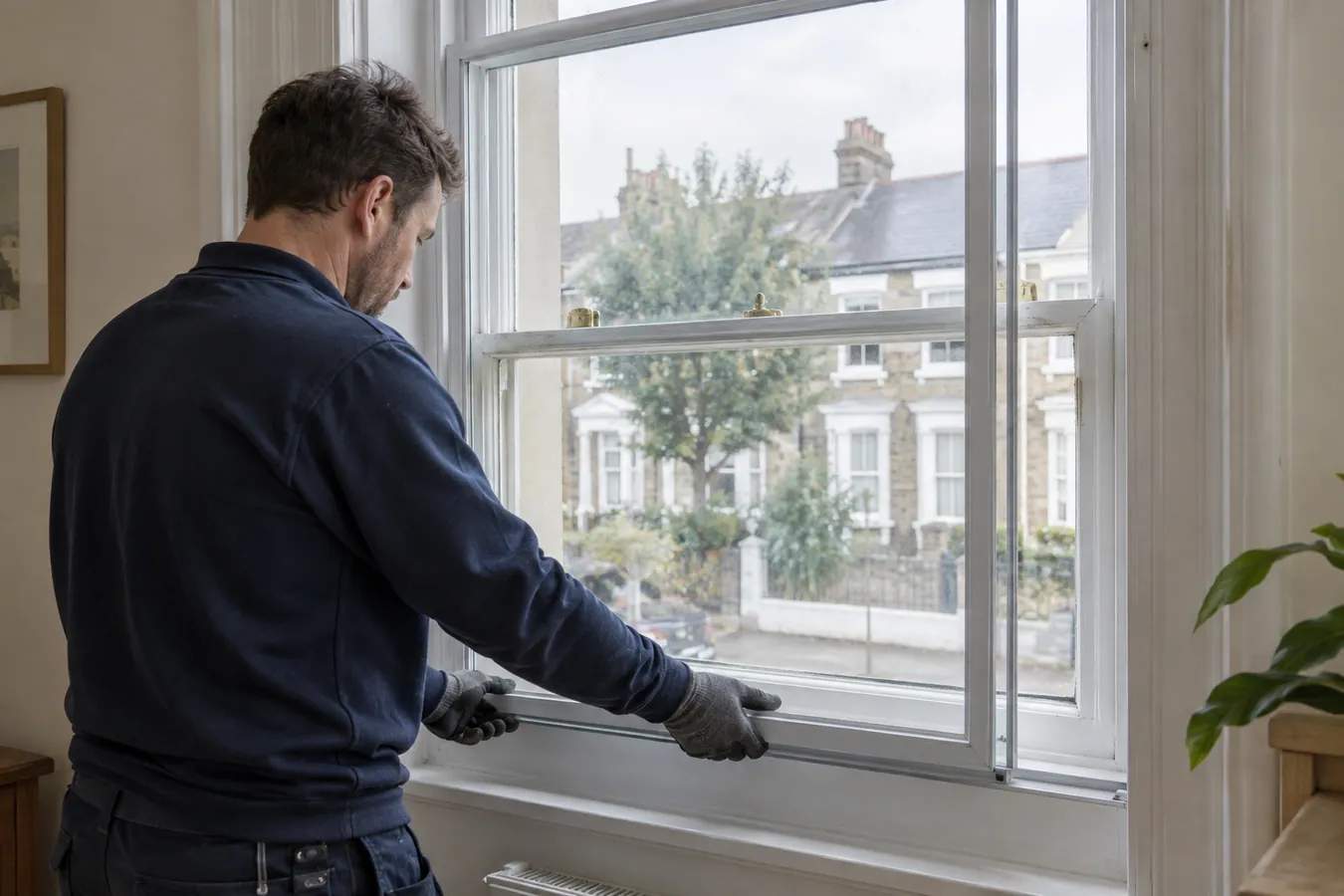 Illustrative Secondary Glazing for Sash Windows scene: Glazier fitting internal secondary glazing.