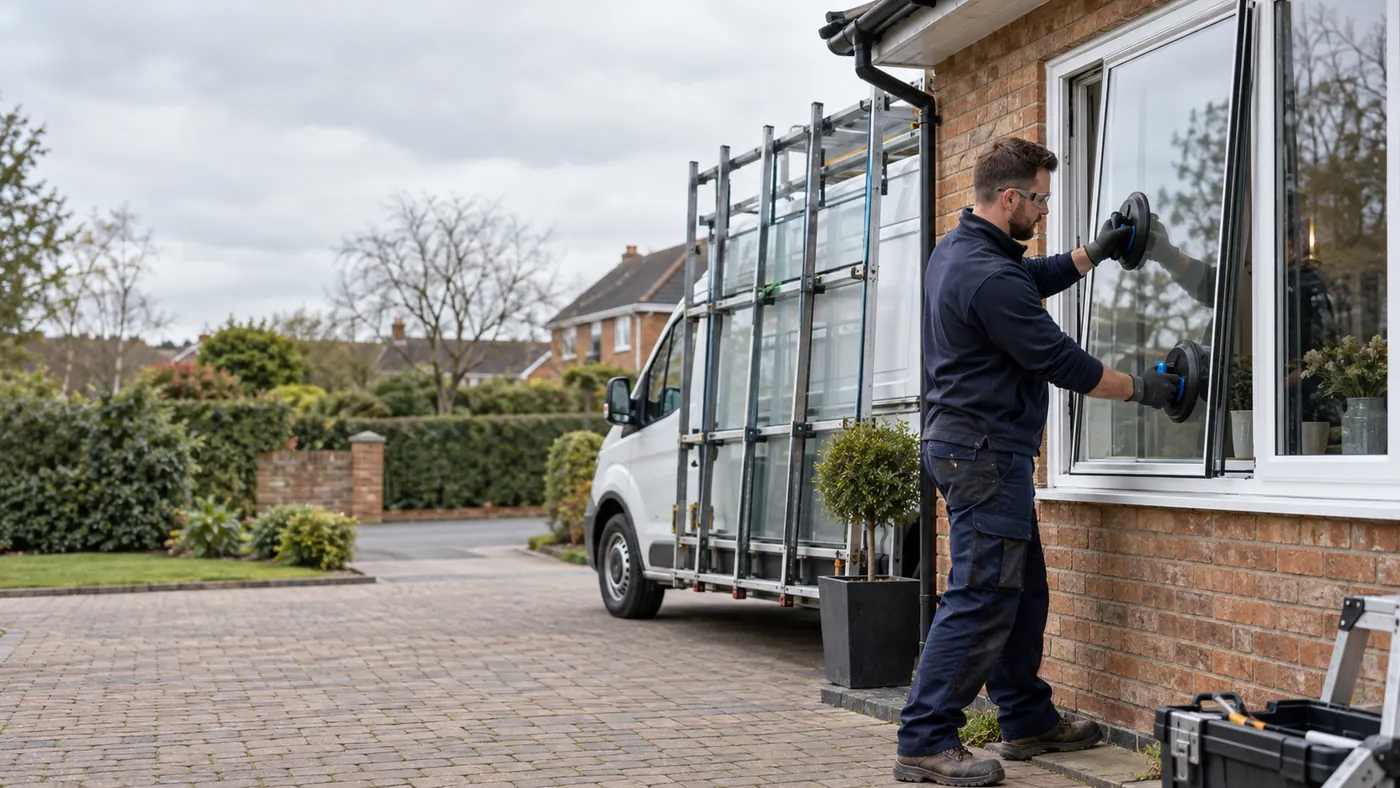 Illustrative Secondary Glazing Repairs scene: British glazier fitting a new window.