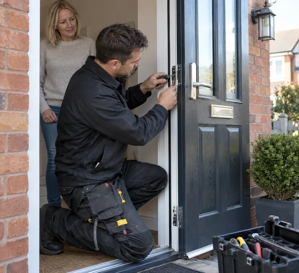 Illustrative Security Door Handle Replacement scene: Technician adjusting modern uPVC door hinges.