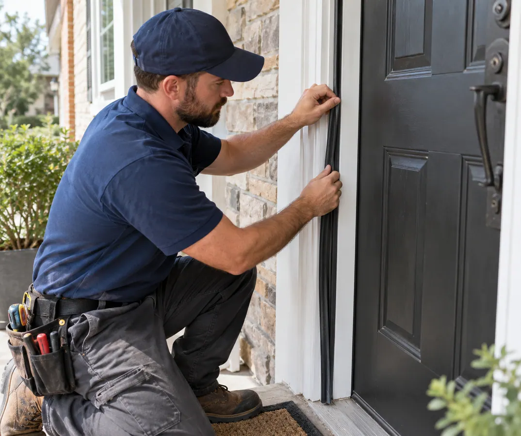 Illustrative Security Door Threshold Repairs scene: Front Door Weather Seal Replacement.
