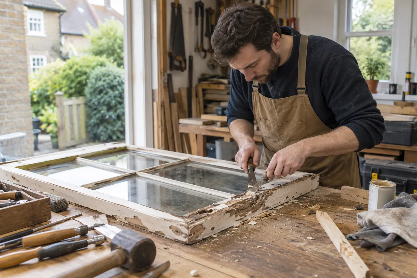 Illustrative Slimline Secondary Glazing scene: Carpenter repairing a damaged timber window frame.